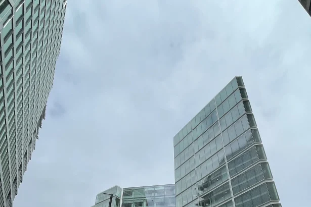 Contemporary office building with a landscaped green frontage