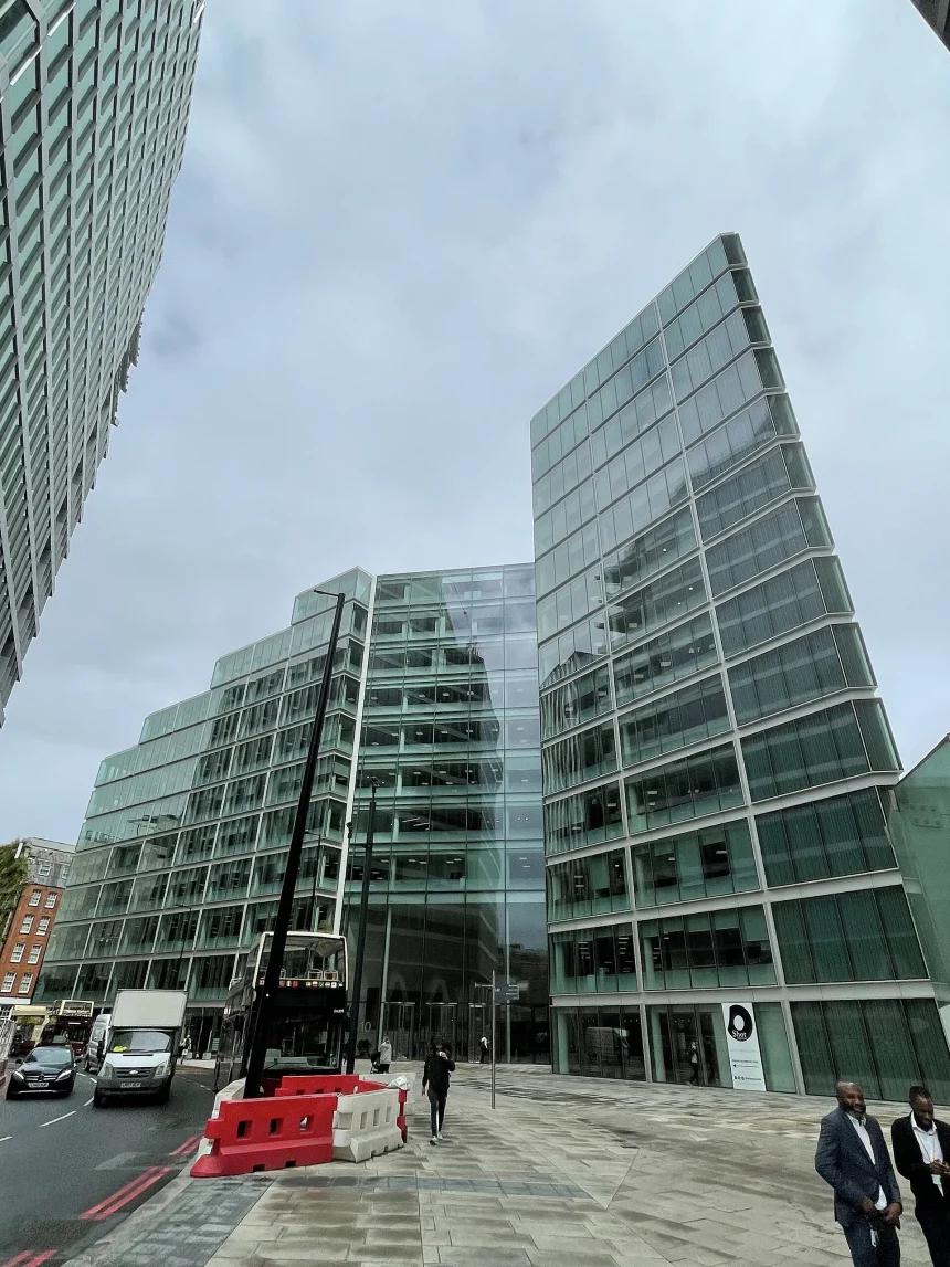 Contemporary office building with a landscaped green frontage