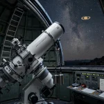 Observatory telescope under a starry sky tracking Saturn and its moons