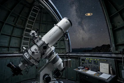 Observatory telescope under a starry sky tracking Saturn and its moons