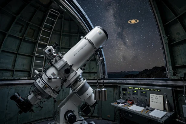 Observatory telescope under a starry sky tracking Saturn and its moons