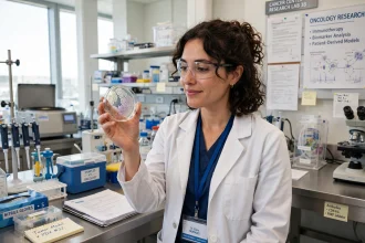 Laboratory researcher examining samples for a personalised vaccine study