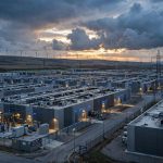 A large AI data centre at dusk with power lines and wind turbines in the distance