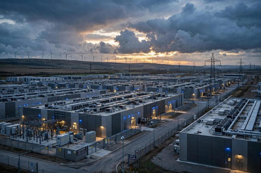 A large AI data centre at dusk with power lines and wind turbines in the distance
