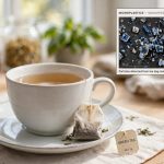 A cup of brewed tea with a tea bag, illustrating microplastic particles released by plastic tea bags