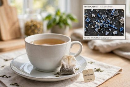 A cup of brewed tea with a tea bag, illustrating microplastic particles released by plastic tea bags