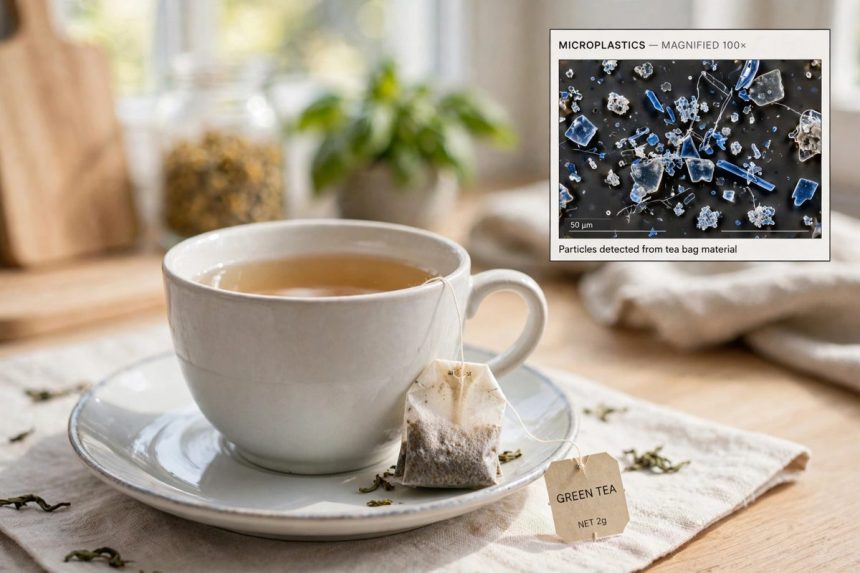 A cup of brewed tea with a tea bag, illustrating microplastic particles released by plastic tea bags